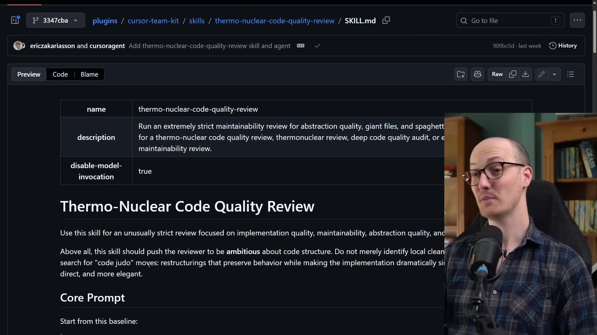 The thermonuclear SKILL.md preview showing name, description, disable-model-invocation true, and the code judo intro paragraph