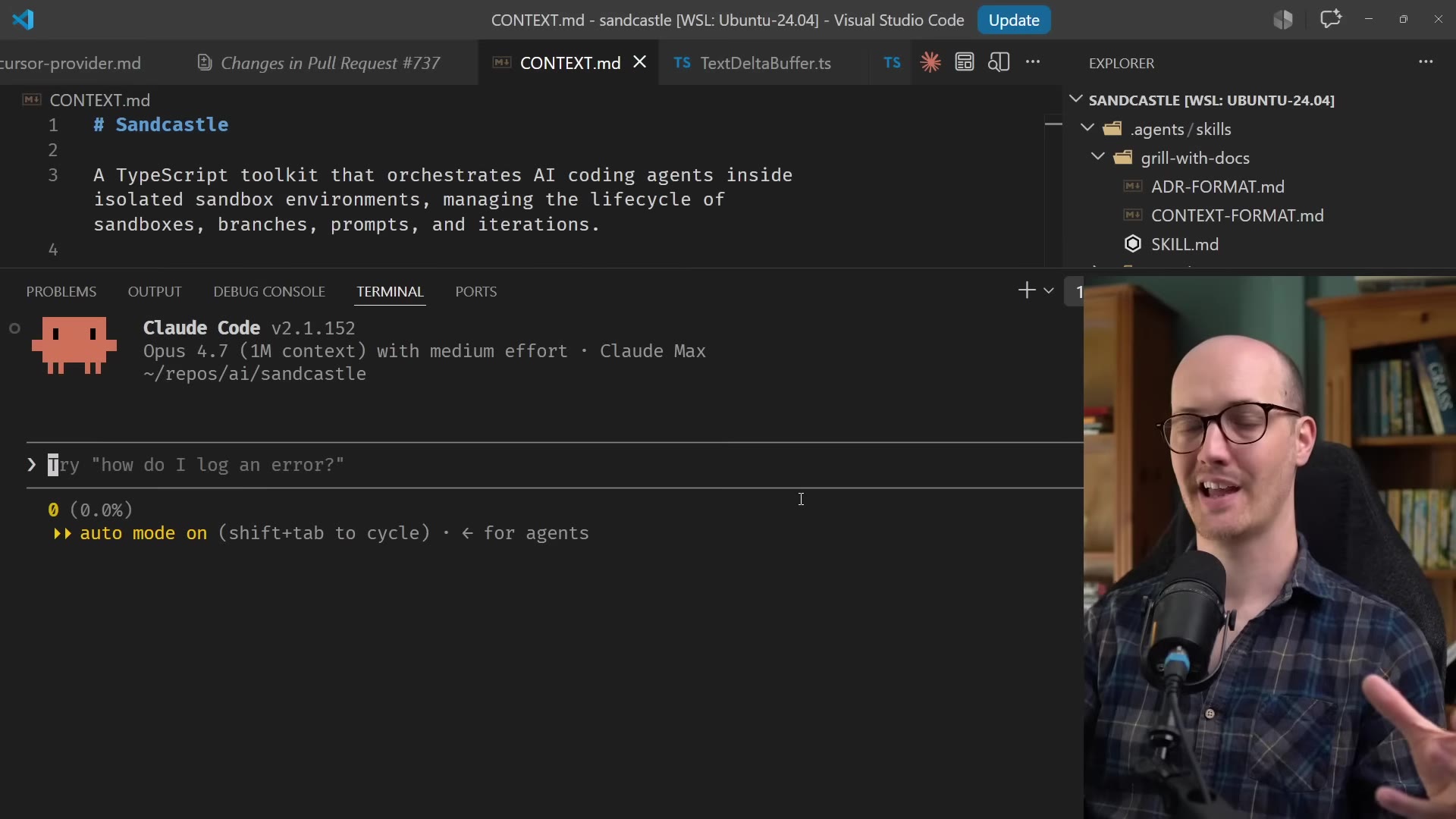 VS Code with the Sandcastle repo open and Claude Code running in the terminal in auto mode