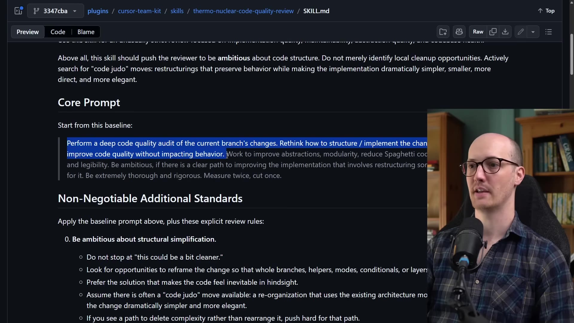 The skill's Core Prompt baseline text and the header Non-Negotiable Additional Standards