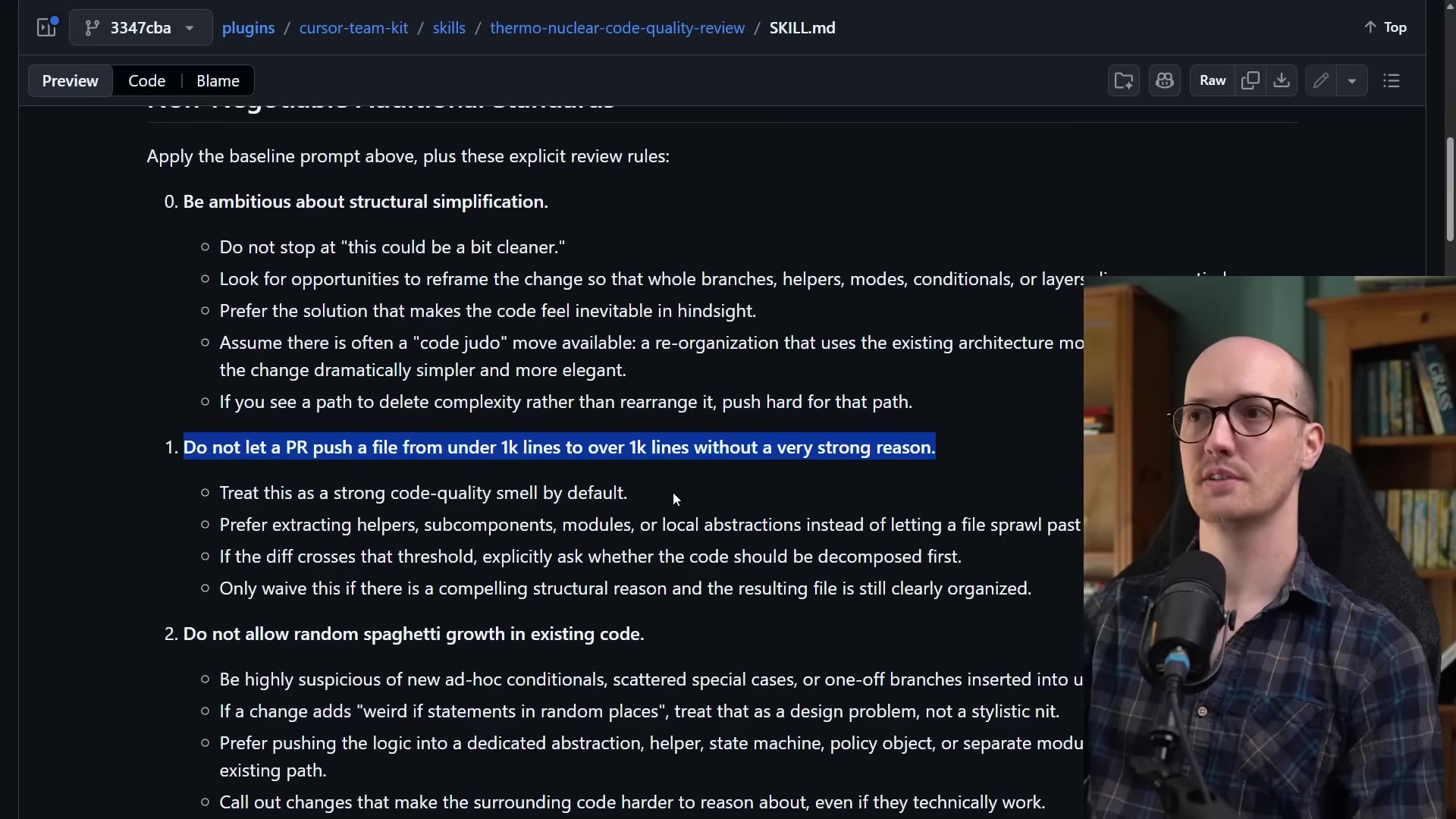 The skill rules: do not let a PR push a file over 1k lines, and do not allow random spaghetti growth