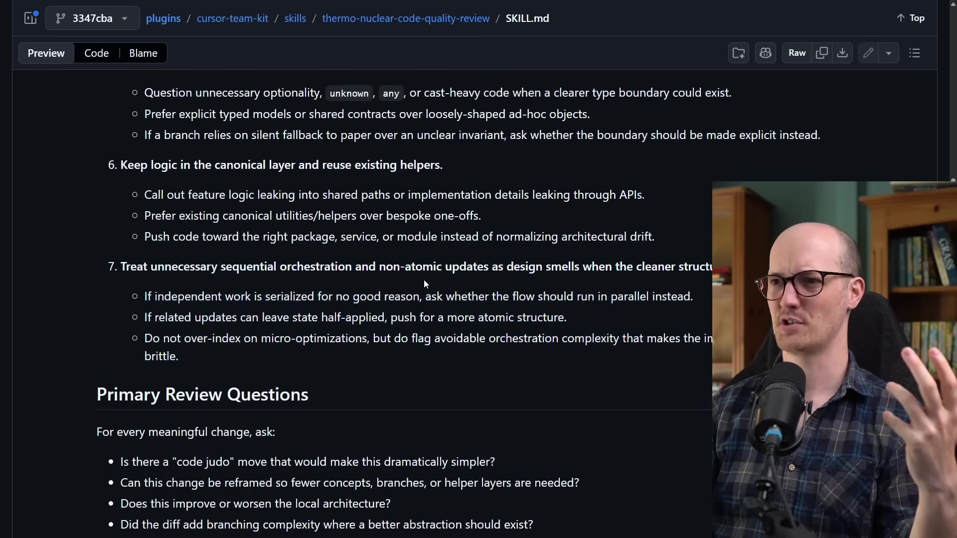 The skill's type-boundary rules, canonical-layer rule, sequential-orchestration rule, and Primary Review Questions