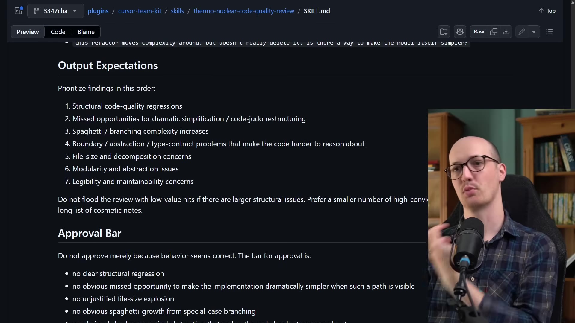 The skill's Output Expectations priority-ordered list and the Approval Bar section