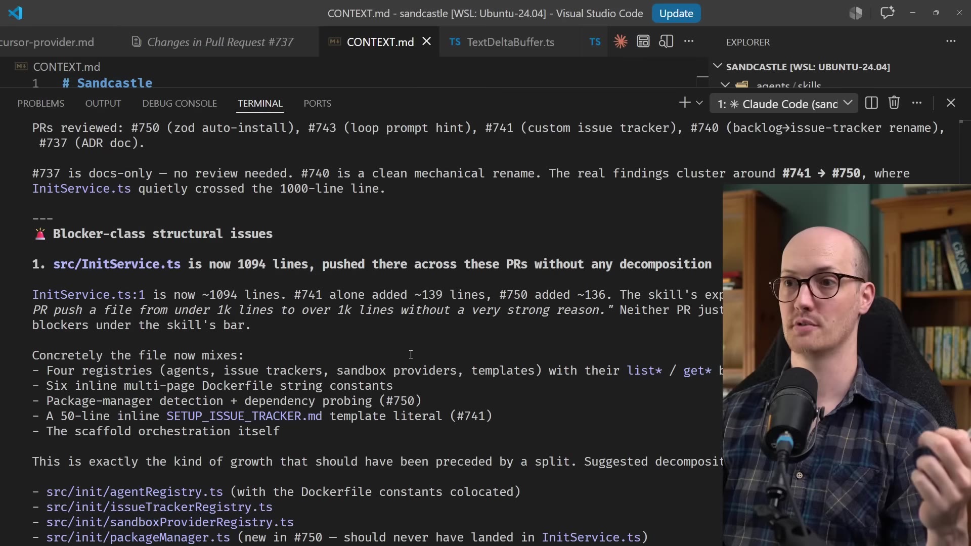 The review output listing the five PRs reviewed and the blocker finding that InitService.ts is 1094 lines