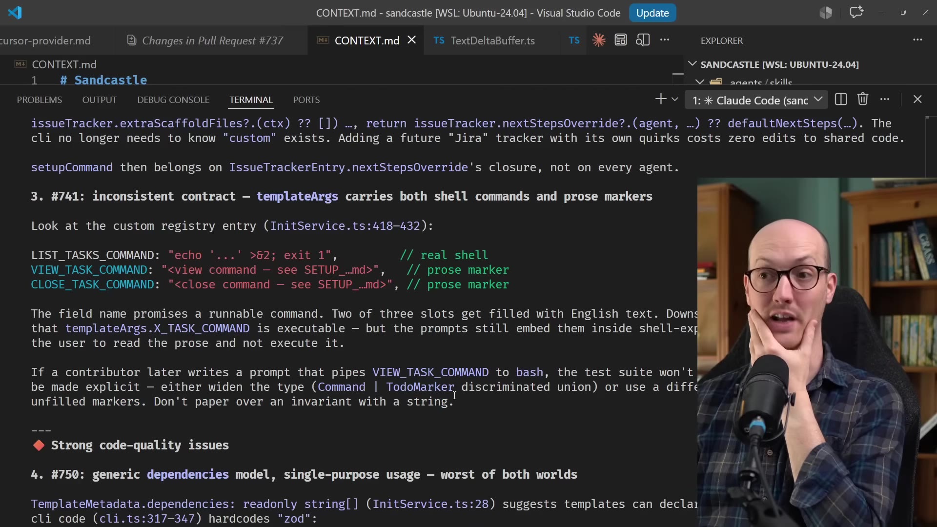 The finding that templateArgs carries both shell commands and prose markers, with a suggested discriminated union